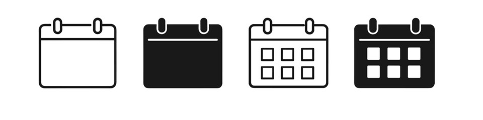 Set of four calendar icons, two outline and two solid black, representing dates
