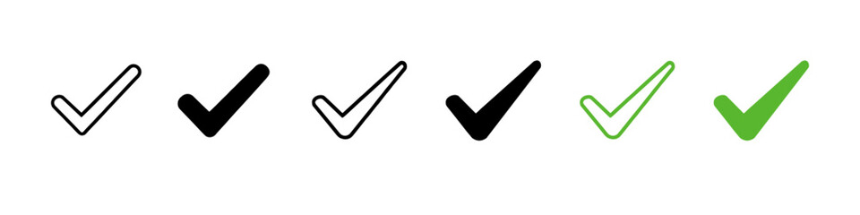 Collection of six different checkmark icons in black and green, outlined and filled
