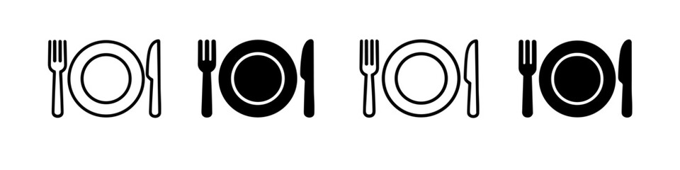 Set table icons with fork, knife, and plate in outline and solid styles