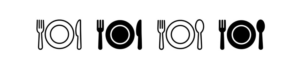 Set of four icons representing dining settings with plates, forks, knives, and spoons