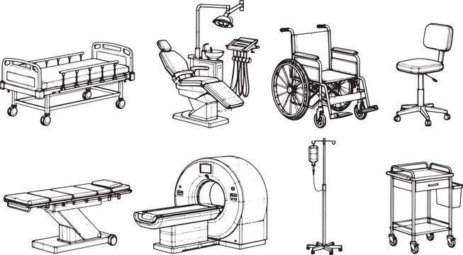 A diverse collection of medical equipment, presented as line art, showcasing various tools and instruments essential to healthcare environments.