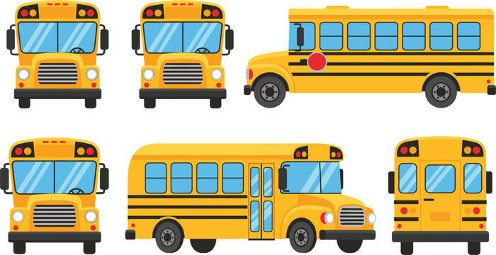 Yellow school bus front side rear views vector illustration set isolated on white background