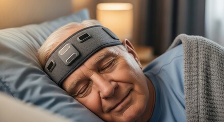 Sleep for the elderly with a high-tech minimalist headband &ndash; sleep monitoring technology in a cozy bedroom. AI generated.
