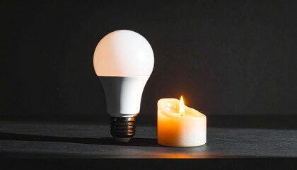 Light bulb and candle placed side by side on a dark surface at night showing contrast between artificial and natural light