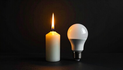 Candle burning next to light bulb on dark background showcasing contrast of traditional and modern lighting