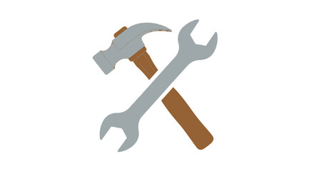 Crossed Hammer and Wrench in Simple Flat Design with Gray and Brown Colors on White Background for DIY Illustration