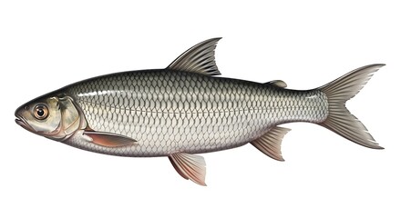 Realistic illustration of a freshwater fish, showcasing its silvery scales and sleek body, ideal for educational biology, nature guides, and aquatic wildlife themes