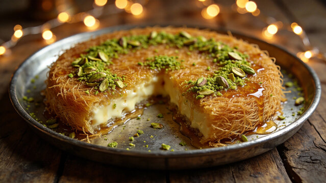 Traditional Kunafeh dessert on a wooden table with festive lights.
