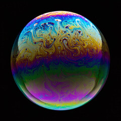 A captivating macro view of a soap bubble with vivid iridescent swirls and cosmic patterns. This fragile, planetlike orb is perfect for abstract backgrounds and creative design concepts.