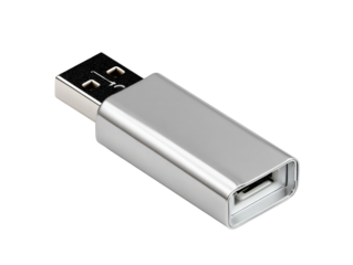 A modern USB adapter with a metallic design, ready to connect and transfer data. Isolated Transparent Background, PNG