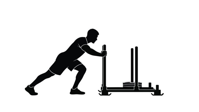 Man pushing heavy loaded sled with weights in gym for strength training on white background