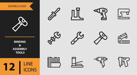 Modern outline icons of various binding and assembly tools for construction and diy projects