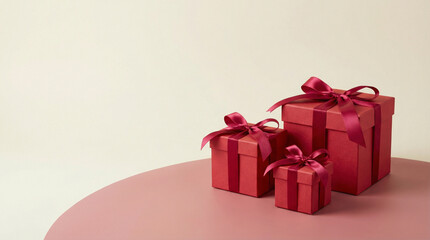 Obraz premium Valentine's Day gifts arranged on a red surface with red ribbons and bows on a light background