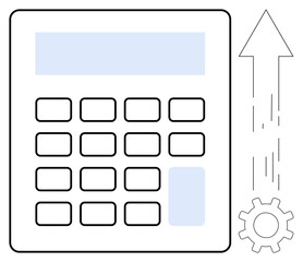 Financial analysis, business strategy, efficiency, accounting solutions, financial services, planning. Calculator with gear and upward arrow. Financial analysis and business strategy concept