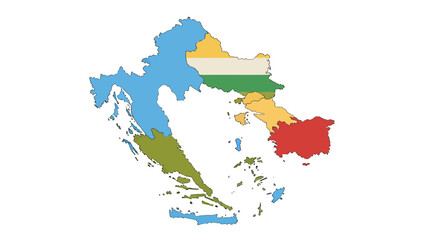 Obraz premium Balkan Countries Map Outline with Colorful Regional Flags and Borders, Geographic Political Division Concept, European Union and Adriatic Sea Region