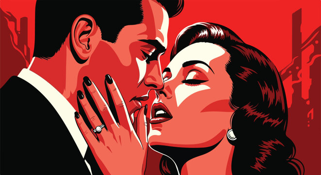 Intense vintage romance illustration depicting a close embrace between a handsome man and a beautiful woman on transparent background