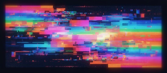 Colorful digital glitch background showing data corruption and pixel distortion, creating an abstract pattern with vibrant horizontal color blocks and electronic noise