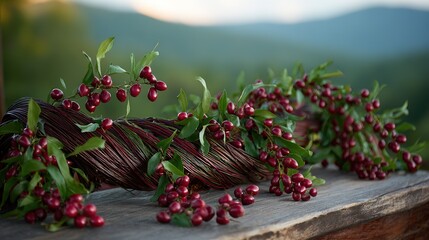 Obraz premium Close-up of traditional red dogwood berries in a garland, resting on wood with sunset-lit hills.
