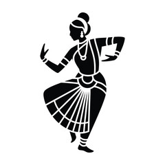Silhouette of a graceful Indian classical dancer performing a traditional Bharatanatyam pose with intricate costume details.