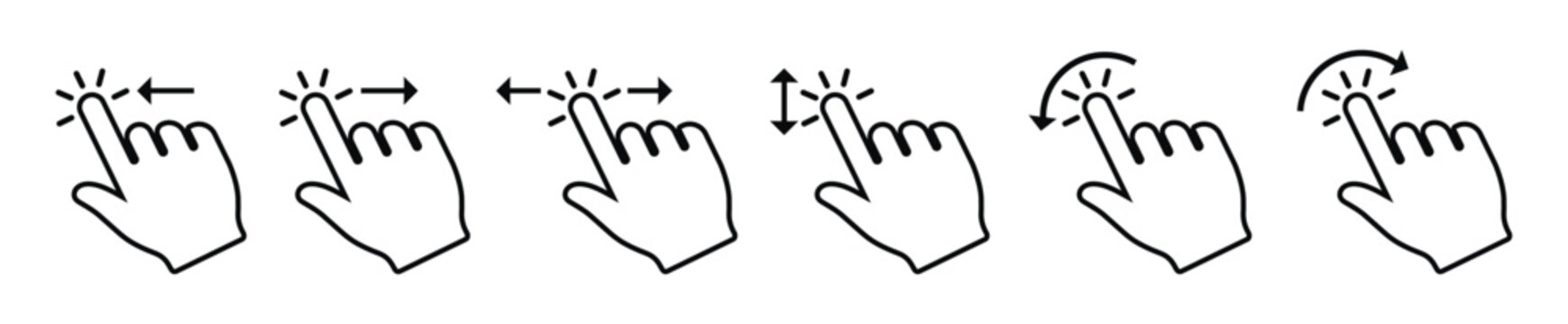 Set of black hand cursor icons illustrating touch gestures: swipe left, right, scroll, and rotate. Minimalist vector graphics for mobile app navigation and UI/UX design on a white background.