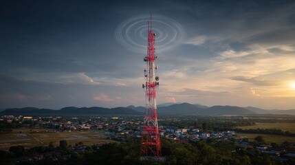 Aerial View of a Telecommunications Tower with Signal Waves Against a Stunning Sunset Over a Quiet Town in the Background