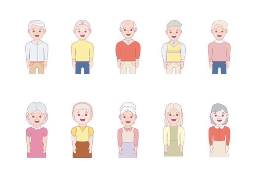 Colorful Grandparent Senior Happy Character Illustrations Set