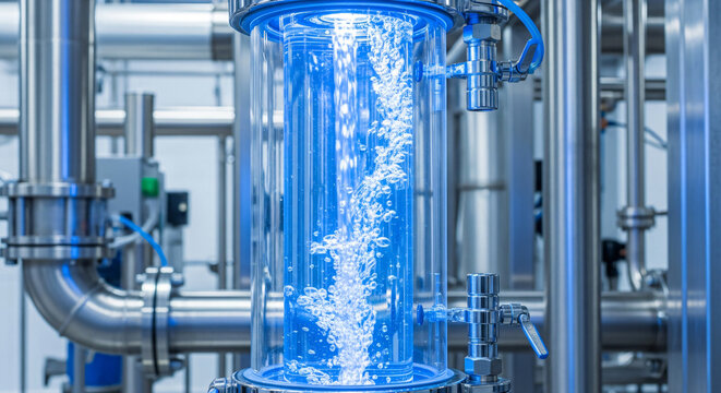 High Purity Water Processing System Blue Illuminated Glass Tube Flow