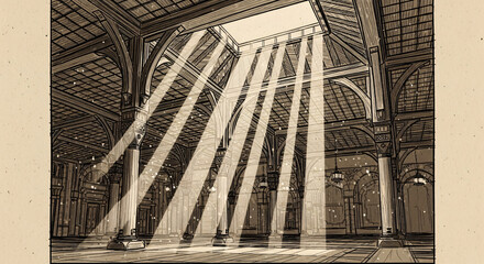 Fototapeta premium Dramatic Sunbeams in Grand Victorian Architecture Hall Sketch