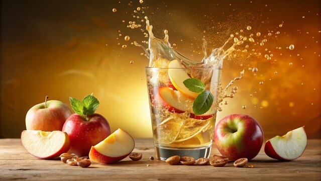 Refreshing Apple Cider Splash in a Glass with Fresh Apples and Mint