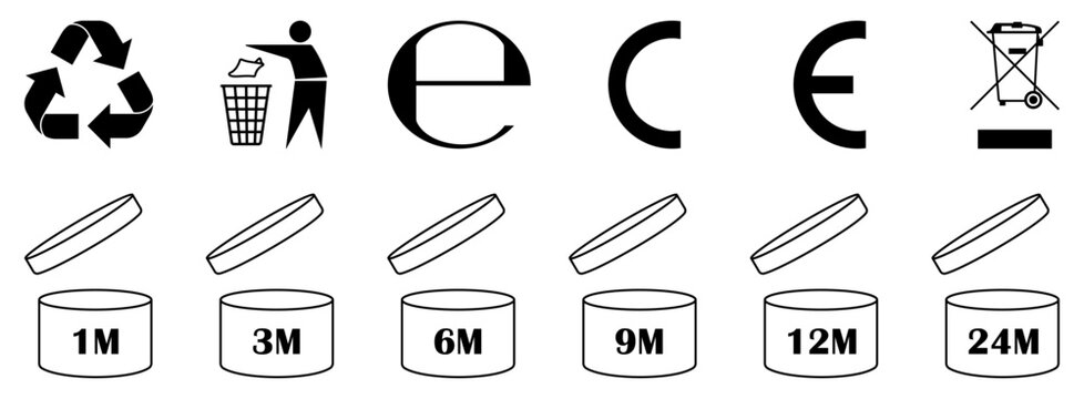 Set of packaging compliance symbols including recycling, trash bin, CE mark, WEEE symbol and shelf life period icons from 1M to 24M for product labels and packaging design use.