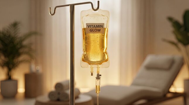 Vitamin Glow drip bag: A close-up shot of a Vitamin Glow intravenous (IV) drip bag against the backdrop of a well-lit relaxation space, conveying concepts of beauty, health, and revitalization.