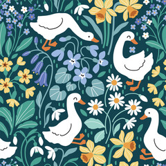 Hand drawn floral background with white goose. Seamless vector pattern with cute white ducks and summer flowers.  © MirabellePrint