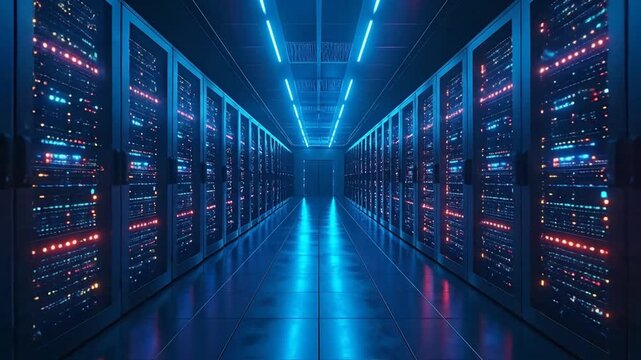 A long data center hallway, illuminated by blue lights, rows of servers reflect and glow. The dark room has bright overhead lights