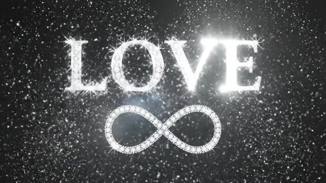 A glittering image spells "LOVE", accompanied by the infinity symbol below. This shimmering design is set against a dark background, reminiscent of a night sky.

