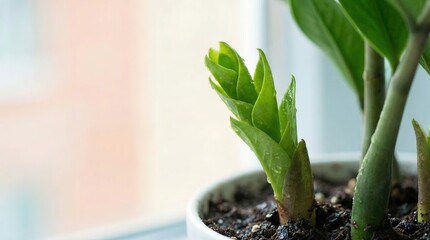 Obraz premium Close-up shot of a ZZ plant flourishing in a modern setting, the focus on fresh, vibrant growth amidst the subtle elegance of a clean backdrop.