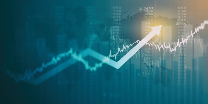 moving up arrow financial chart and stock market graph with world map on blue color background