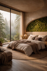 Luxury Sustainable Bedroom Interior with Floor to Ceiling Windows and Forest View