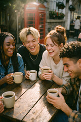 Diverse Friends Laughing at Outdoor Cafe Sun-Drenched Candid Social Media Lifestyle