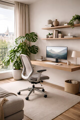 Minimalist Home Office Workspace with Ergonomic Desk and City View Background