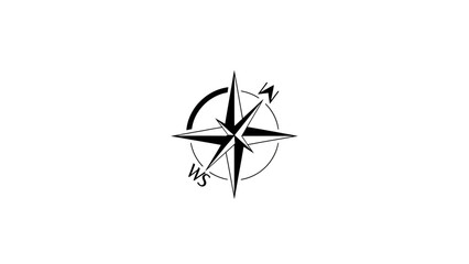 A stylized black and white compass rose symbolizing direction and navigation on a clean white