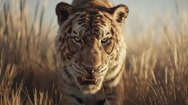 Saber Tooth Tiger emerging in tall grass, prehistoric Smilodon hunting mood footage for cinematic wildlife scenes and history content.