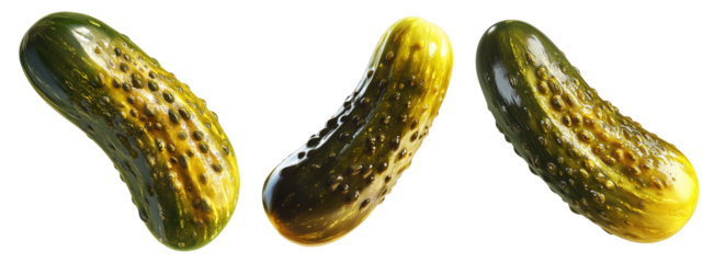 Fresh green pickles cucumbers isolated on white transparent background. Concept of healthy eating