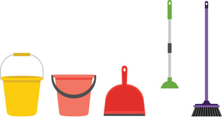 Fototapeta premium Cleaning tools set including buckets dustpan plunger and broom household vector illustration isolated