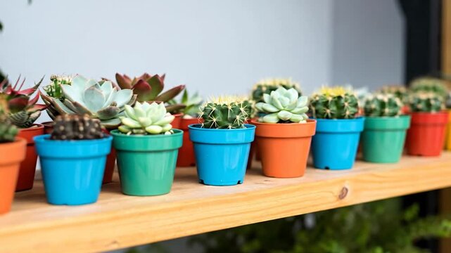 A vibrant array of diverse succulents and cacti in colorful pots, arranged on a wooden shelf