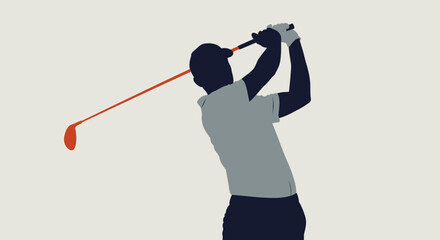 Golfer in dynamic swing motion with orange golf club