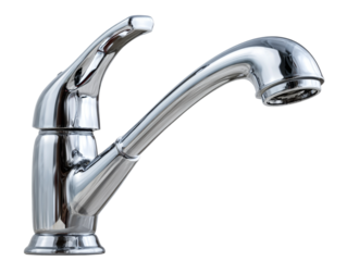 A shiny silver faucet with elegant curves, suggesting modern design and efficient functionality Isolated Transparent Background, PNG