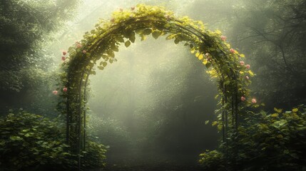 Fototapeta premium An overgrown garden archway woven with intertwined luminous vines and lush foliage forming a magical entrance shrouded in mist