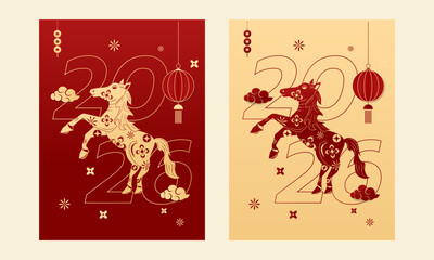 Happy Chinese new year 2026 , modern design set in red, gold and white colors , Year of the horse zodiac , Asia oriental traditional ornament, frame and border ,	
