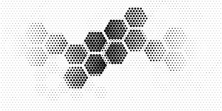 Hexagon halftone gradient texture. Abstract black grunge background. Geometric retro halftone tech overlay. Fading wavy hexagonal pattern backdrop. Vector vanishing honeycomb grunge bitmap wallpaper