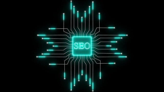 SEO Chipset with Teal Neon Circuitry and Connections on Black Background search engine optimization